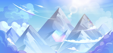 Peaks of high rocky mountains above clouds. Snowy stone hill top above haze against blue sky with bright sun. Cartoon vector illustration of aerial panoramic landscape with rock mount and sunlight.のイラスト素材