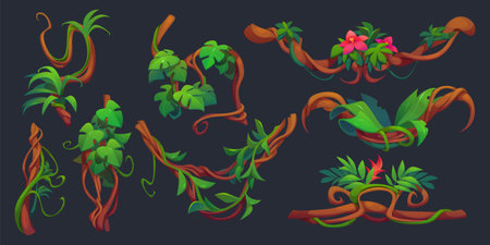 Twisted liana branch with green leaves and flowers. Cartoon vector illustration of jungle long tangled climbing plant vine with foliage. Game ui design assets of creeper ivy tree trunk with vegetationのイラスト素材