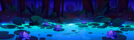 Night forest magic landscape with water lilies on lake surface, bush and tree trunk on shore, glowing fireflies and coastline. Dark cartoon woodland scenery with lotus flowers and leaf pad on pond.のイラスト素材