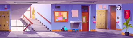 Modern school hall with lockers. Vector cartoon illustration of large corridor with green plants, information board on wall, drinking water fountain, metal cabinets, classroom doors, sunlit staircaseのイラスト素材