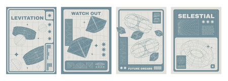 Poster and cover design layout in y2k style with grid abstract simple shape elements and typography. Vector set of retro minimal banner in 2000s aesthetic with wireframe diamond, circle and ball.のイラスト素材