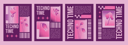 Y2k poster or cover design with bright pink flowers and text frame on purple background. Vector illustration of vertical banners template with elements in 2000s retro style. Trendy flyer composition.のイラスト素材