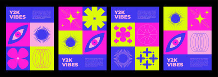 Y2k retro style poster design template with bright neon colored abstract simple groovy sticker....