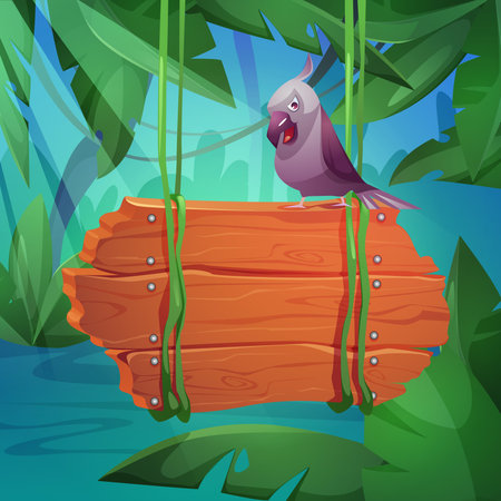 Jungle background with wooden sign board hanging on green liana vines with empty space for text and parrot on it. Cartoon vector rain forest scenery with tropical leaves, bird and wood banner.のイラスト素材