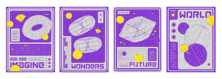 Set of retro futuristic y2k geometric posters. Vector realistic illustration of trendy retrowave flyers with 3D wireframe globe, torus, diamond shape elements and text on mesh landscape backgroundのイラスト素材
