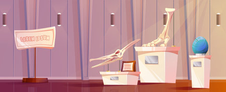 Paleontology museum interior. Vector cartoon illustration of archeology exhibition gallery with exhibits, dinosaur egg, skull, skeleton bones on stands, prehistoric animal remnants, excavation fossilsのイラスト素材