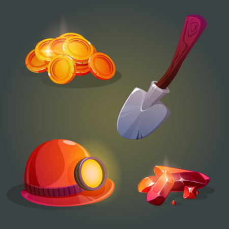 Gold and gemstone mine game icons. Cartoon vector set of gui assets of treasure miner - pile of golden coins and red shiny gems or diamond crystal, shovel with wooden handle and helmet with lamp.のイラスト素材