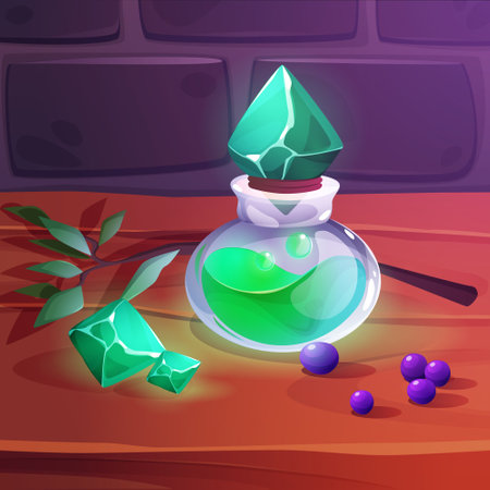 Glass bottles with magic green glowing potion or medicine with diamond as cork, branch of herm and berries on wooden table. Cartoon vector illustration with game ui assets of fantasy wizard elixir.のイラスト素材