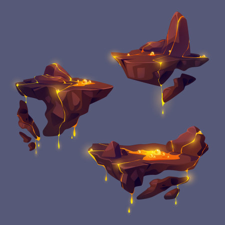 Floating islands of rocky land with hot orange lava liquid with splashes and bubbles eruption and spread. Game cartoon vector illustration set of flying pieces of ground for gui jump and level map.のイラスト素材