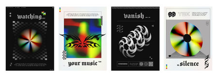 Y2k retro poster and cover design template with bright iridescent and black tribal abstract graphic elements. Vector illustration set of techno banner layout in 2000s rave and brutalism aesthetic.のイラスト素材