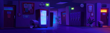 Night school corridor with lockers. Vector cartoon illustration of dark hall with classroom doors, vending machine selling snacks, information board and portrait on wall, metal cabinets, exit signsのイラスト素材
