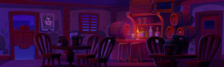 Empty dark western tavern at night. Cartoon vector cowboy saloon interior in dusk with light from candle on wooden bar counter, entrance door and table with chair, wood barrels and cups with beer.のイラスト素材