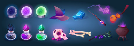Sorcerer or witch magic stuff game cartoon icons. Vector illustration set of fantastic cauldron with mystery glowing potion, wizard hat and wooden wand, fantasy fortune ball and glass bulb with elixirのイラスト素材