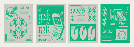 Y2k aesthetic groovy posters set. Vector realistic illustration of retrowave design flyers in green and beige colors, desktop computer, cellphone, CD, abstract icons on creative groovy graphic bannerのイラスト素材
