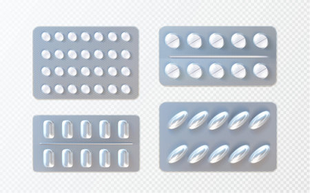 Pills and capsules in foil blister pack mockup. Realistic vector illustration set of medicine in plastic package on transparent background. Template mock up of medical drug tablet in box container.のイラスト素材