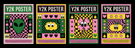 Y2k poster design template with bright abstract simple groovy sticker in bright acid colors. Vector illustration set of cover and banner 2000s aesthetic layout with cute psychedelic elements and text.のイラスト素材