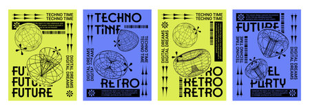 Poster design layout in y2k techno style with grid abstract simple elements and text box. Vector set of trendy retro minimal banner template in 2000s aesthetic with wireframe geometric shapes.のイラスト素材