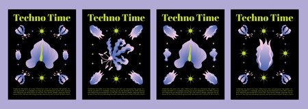 Y2k groovy posters with floral design. Vector realistic illustration of botanical flyers, white flower, yellow sparkles on black background, retrowave style, natural beauty, creative graphic designのイラスト素材