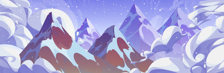 Peaks of high rocky mountains above clouds in snowfall weather. Snowy stone hill top above haze against cloudy sky during blizzard. Cartoon vector of aerial panoramic winter landscape with rock mount.のイラスト素材