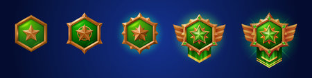Military game rank buttons set isolated on background. Vector realistic illustration hexagonal green shield badges in golden frames decorated with gemstone star and wings, winner award, success symbolのイラスト素材