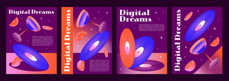 Set of y2k electronic music party posters. Vector realistic illustration of nightclub flyers, concert banners with cocktail glasses, vinyl platters, sparkling stars on purple background, retro style artのイラスト素材