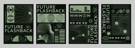 Poster and cover design template in y2k retro style with wireframe abstract simple monochrome form elements and typography. Vintage minimal banner in 2000s aesthetic with grid shapes and surface.のイラスト素材