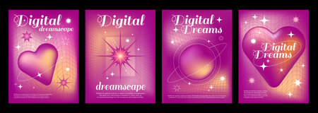 Set of y2k groovy pink posters. Vector realistic illustration of nightclub party flyers, heart, star, planet on wireframe landscape background, retrowave romantic style art, creative graphic designのイラスト素材