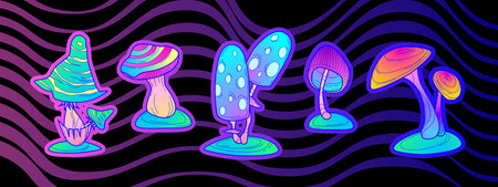 Groovy mushroom stickers set isolated on black background. Contemporary vector illustration of neon color fungus patches, wavy lines, y2k art collection, vintage design elements, retrowave vibeのイラスト素材