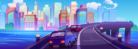 Cars on river bridge against cityscape background. Vector cartoon illustration of modern skyscrapers and city buildings, autos driving flyover road above water, green trees, blue sunny sky with cloudsのイラスト素材