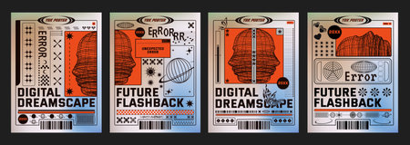 Poster design template in y2k vintage style with grid abstract human face profile, decorative shapes and text box. Vector trendy retro minimal banner composition in 2000s aesthetic with typography.のイラスト素材