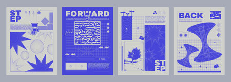 Y2k groovy pixel vibe posters set. Vector realistic illustration of retrowave design flyers in blue...