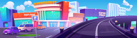Big supermarket with cars on parking at entrance. Cartoon vector urban landscape with bridge road, transportation parked near large store with cafe and entertainment. Hypermarket facade with auto.のイラスト素材