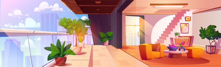 Appartement or hotel hall with table and chair, stairs, big balcony with glass railing and green plants in pots. Cartoon interior with home garden on terrace and view on modern city with skyscrapers.のイラスト素材