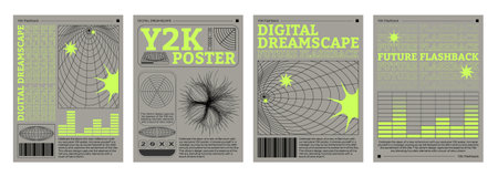 Set of retro futuristic vibe flyers. Vector realistic illustration of y2k aesthetic posters with yellow equalizer, wireframe landscape, color stars, planet, barcode icons, retrowave collage bannersのイラスト素材