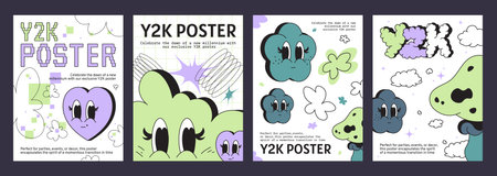 Y2k vibe posters with heart and cloud shape emoji. Vector cartoon illustration of retro futuristic flyers, cute smileys with big eyes, geometric background with doodle signs, retrowave art bannersのイラスト素材