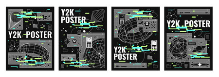 Trendy y2k style poster design template with abstract grid geometric shapes and glitch effect background. Vector set of 00s aesthetic covers with wireframe forms, objects and stickers on black.のイラスト素材