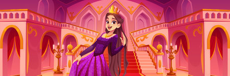 Princess girl with long brown hair and crown in castle hall with stairs. Fairytale palace interior with happy smiling female royal person in long dress. Fantasy medieval kingdom hallway with ladder.のイラスト素材