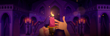 Human hands holding lighted candle with fire in candlestick holder in old castle hall interior with staircase at night. Cartoon vector person wander inside of dark dusk scene of kingdom palace.のイラスト素材