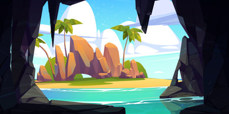 Tropical island seen from dark cave. Vector cartoon illustration of summer seascape with piece of land in sea, palm tree and rocky mountain on sandy beach, transparent water in cliff grotto, blue skyのイラスト素材