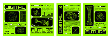 Poster design template in retro y2k style with grid abstract shapes on neon green background. Vector 2000s aesthetic cover and banner set with wireframe psychedelic geometric forms and typography.のイラスト素材
