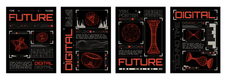 Digital techno poster in y2k style with wireframe abstract shape and text box on black background. Vector illustration set of 2000s aesthetic banner with grid brutal geometric element ornament.のイラスト素材