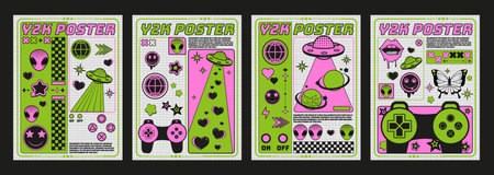 Y2k poster design with retro elements of alien face and ufo, gamepad and smileys, heart and star shapes. Vector set of retro 2000s aesthetic style banner or cover with vintage images and text.のイラスト素材