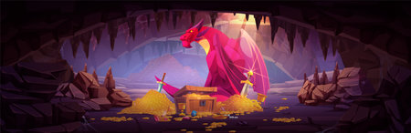 Dragon defense and guard treasure in cave. Cartoon landscape of dungeon with fantastic animal near coins and jewelry. Fairytale fantasy creature with wings defend pile of gold and diamonds undergroundのイラスト素材