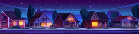 Night dark suburban landscape with house in row on street with light in windows, trees and yards, road and driveway. Cartoon vector town scenery with modern neighborhood cottages under moonlight.のイラスト素材
