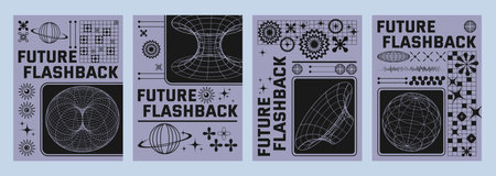 Y2k techno style poster design layout with grid abstract simple shapes and typography on color background. Trendy retro banner template in 2000s aesthetic with wire geometric forms.のイラスト素材