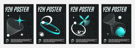 Y2k banners set with geometric signs. Vector realistic illustration of retrowave aesthetic posters, turquoise abstract shapes on black background with wireframe landscape, retro futuristic vibe flyersのイラスト素材