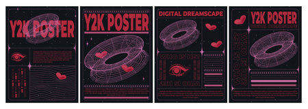 Retro futuristic aesthetic flyers set. Vector realistic illustration of y2k vibe black background posters with pink wireframe torus, red heart, eye icons, retrowave art banners, vintage collageのイラスト素材
