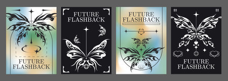 Y2k style boho aesthetic banners set. Vector realistic illustration of retrowave posters with elegant floral decoration on color gradient and black background, retro futuristic flashback vibe flyersのイラスト素材