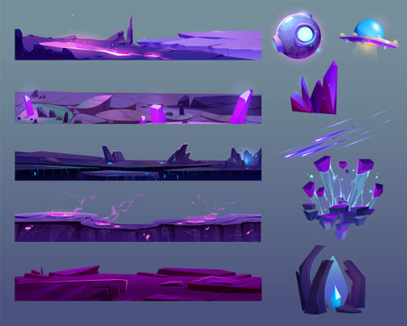 Game ui elements set for space design. Cartoon vector illustration kit of floating alien planet ground platform with purple surface, magic portal and explosion effect, gemstone and spaceships.のイラスト素材