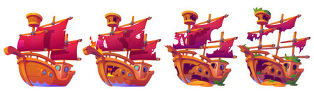 Wrecked wooden ship animation set isolated on white background. Vector cartoon illustration of old sailboat with torn scarlet sails, broken bottom, board covered with seaweeds, shipwreck sprite sheetのイラスト素材